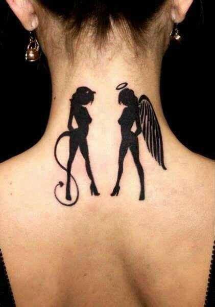 angel and devil fighting tattoos|angel devil mouth tattoo design.